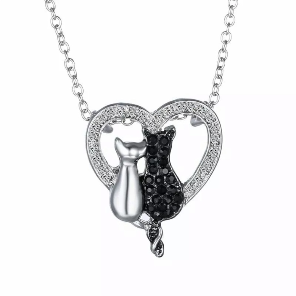 Cats White/Black Crystal heart Pendant Necklace